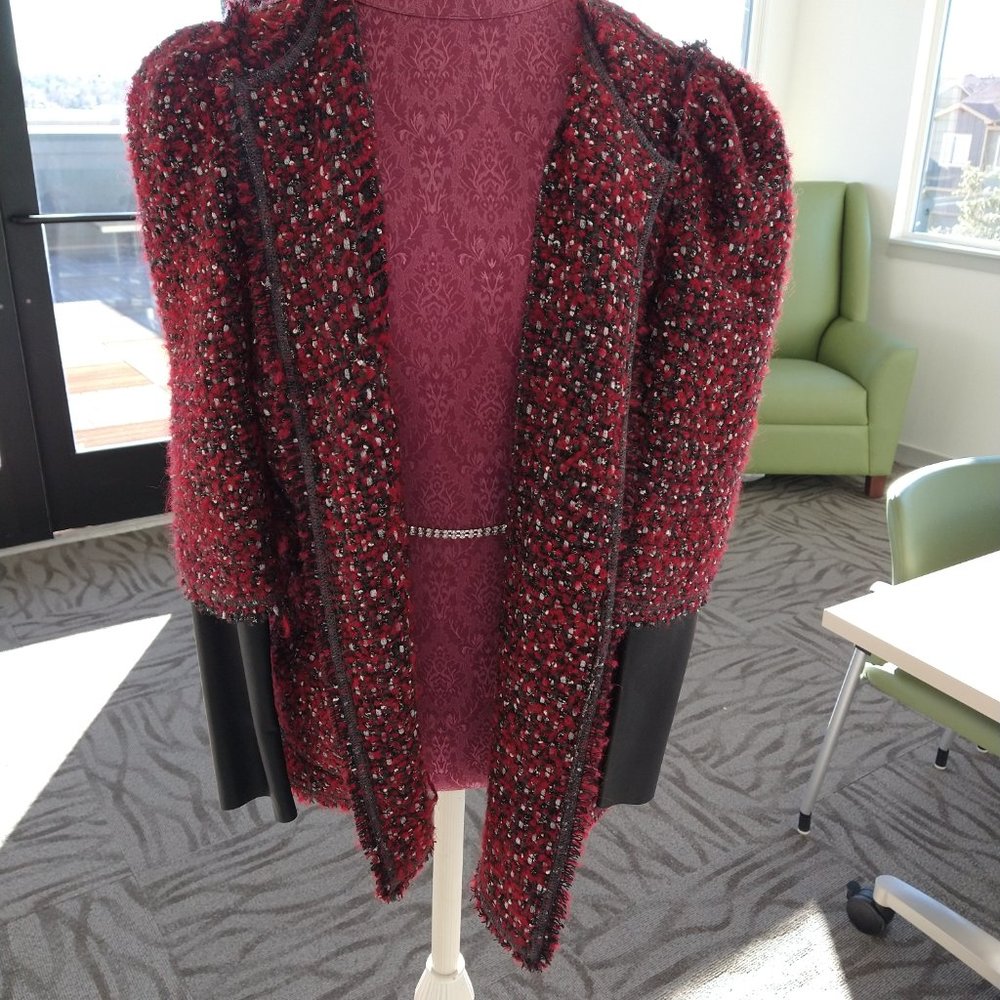 Zara Red & Black Tweed Open Front Blazer With Faux Leather Sleeves Size XL